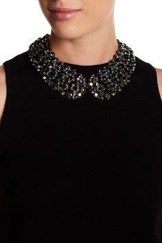 Black bezel set faceted round-cut crystal cluster collar necklace. Lobster clasp. Approx. 12" length with 3" extension. Imported Luxury Rhinestone Necklace With Crystal Embellishments For Gift, Black Blouse Necklace, Luxury Black Choker Necklace, Black Neck Jewelry, Jewelry For High Collar Dress, Black Dress With Pearls Necklace Cocktail, Necklace With Black Dress Classy, Black Jewelry Necklaces, Luxury Black Necklace