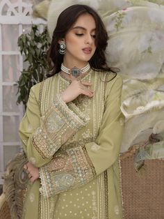 Izel Sage Hazel Luxury Lawn Original brand suit fabric and photography lite diffrance in actual print. Elegant Wedding Suits With Digital Print, Elegant Fitted Suits With Printed Motifs, Elegant Suits With Printed Motifs For Eid, Elegant Digital Print Suits For Eid, Formal Suits With Printed Motifs And Long Sleeves, Elegant Formal Suit With Printed Motifs, Formal Green Digital Print Set, Formal Green Sets With Digital Print, Wedding Suit With Printed Motifs For Eid