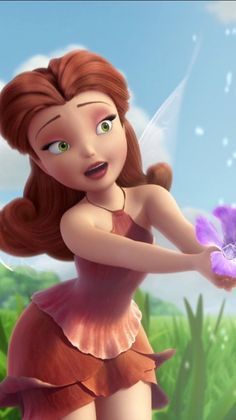 a cartoon fairy holding a purple flower in her hand