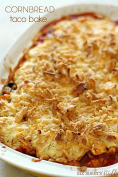 cornbread taco bake in a white casserole dish