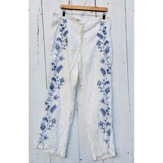 Jw Workshop Johnny Was Sz L 100% Linen Embroidered White Blue Floral Whimsy Wide Leg Pants New Without Tags White, Cornflower Blue Embroidery 100% Linen Machine Wash Blue Straight Leg Pants With Floral Embroidery, Blue Embroidered Spring Pants, Blue Floral Embroidered Wide Leg Bottoms, Embroidered Blue Straight Leg Pants, Blue Embroidered Straight Leg Pants, Relaxed Fit Blue Embroidered Pants, Blue Embroidered Pants With Relaxed Fit, Blue Bohemian Embroidered Pants, Bohemian Blue Embroidered Pants