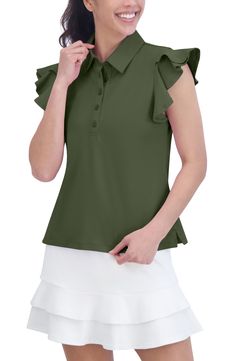 Ruffled short sleeves add charming detail to a cute but casual polo top woven from a soft cotton-stretch blend. 23" length (size Small) Half button placket Spread collar Ruffled short sleeves 96% cotton, 4% spandex Machine wash, tumble dry Imported Spring Solid Polo Shirt With Collared Neckline, Summer Collared Polo Shirt, Casual Green Top With Ruffled Collar, Casual Green Tops With Ruffled Collar, Trendy Collared Polo Shirt For Spring, Trendy Short Sleeve Spring Polo Shirt, Trendy Short Sleeve Polo Shirt For Spring, Polo Top, Ruffle Shorts