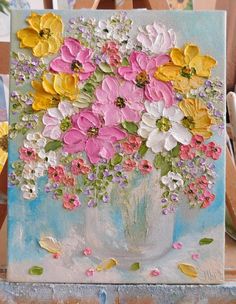 a painting of colorful flowers in a vase