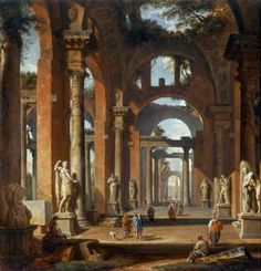 a painting of people and animals in an old building with columns, statues and arches