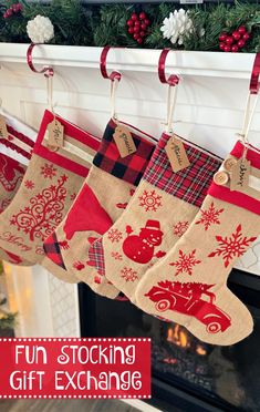 christmas stockings hanging from a mantel with the words fun stocking gift exchange on them