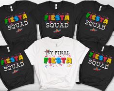 Get ready to party with our Final Fiesta Bachelorette Shirts! These tees are the ultimate must-have for your bachelorette celebration. Celebrate the bride-to-be in style as you embark on a memorable adventure. Whether you're sipping margaritas, dancing the night away, or creating unforgettable memories with your favorite amigos, our Final Fiesta Bachelorette Shirts will make you stand out from the crowd. With vibrant colors and festive designs, these shirts will ignite the fiesta spirit and bring the entire group together. So gather your squad, grab your sombreros, and get ready for the ultimate bachelorette fiesta. It's time to make this final fling unforgettable! PERSONALIZATION INSTRUCTIONS. For each shirt: 1-Select SIZE 2-Select either the Final Fiesta or Fiesta Squad design 3-Enter if Black Short Sleeve Top For Fiesta, Fitted Short Sleeve Tops For Fiesta, Final Fiesta Bachelorette, Mexico Bachelorette, Bachelorette Ideas, Bridesmaid Shirts, Bridal Party Shirts, Mexico Vacation, Bachelorette Shirts