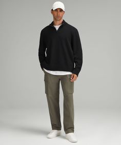 Layer On The Softness. Cozy Cotton-Blend Fabric And An Easy Fit Make This Half-Zip Sweater A Timeless Staple. Designed For Casual. Designed To Fit Loosely With Extra Room In The Chest And At The Waist. | Relaxed-Fit Half-Zip Knit Sweater Male Attire Casual, Nice Clothes Men, Men’s Basics, Classy Street Style Men, Half Zipper Outfit Men, Half Zip Pullover Outfit Men, Mens Crewneck Sweatshirt Outfit, Lululemon Men Outfit, Men’s Casual