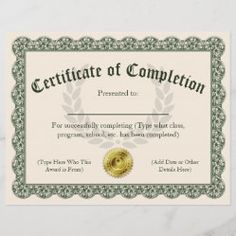 certificate of completion with green and gold border