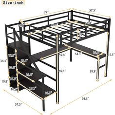 an image of a loft bed frame with stairs and storage shelves on the bottom level