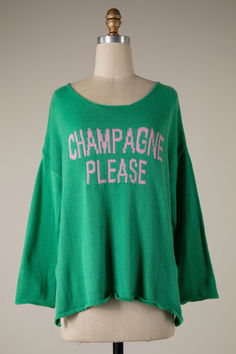 Green and pink champagne please graphic sweater Oversized Open Knit Sweater, Kelly Green Sweater, Light Knit Sweater, Sweater Boho, Boho Pink, Round Neck Sweater, Loose Knit Sweaters, Graphic Sweaters, Spring Sweater