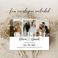 the wedding announcement is displayed with photos and flowers