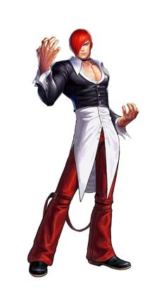 an anime character with red hair and white shirt holding his hands out to the side