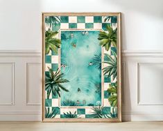 an art print with palm trees and people swimming in the pool on a checkerboard background