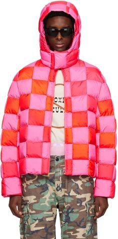 Pink & Red Gradient Checker Hooded Puffer Coat by ERL on Sale Cropped Puffer Jacket Outfit, Coat Check, Satin Coat, Red Gradient, Conceptual Fashion, Pink Quilts, Bright Patterns, Puffy Jacket, Kids Outerwear