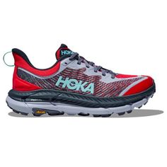 the hoka shoes are red and grey