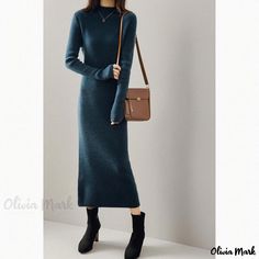 Olivia Mark - Long Round Neck Wool Skirt, Full Wool Sweater Dress, Slim Fit Knitted Knee-Length Underskirt. Knee Length Sweater Dress, Merino Wool Dress, Neckline Slimmer, Wool Knitted Dress, Woolen Dresses, Wool Sweater Dress, Knitted Bodycon Dress, Dress Crafts, Colorblock Dress