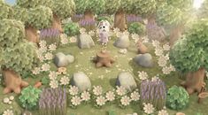 a dog is standing in the middle of a garden with flowers, rocks and trees