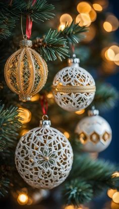 christmas ornaments hanging from a tree with lights in the background