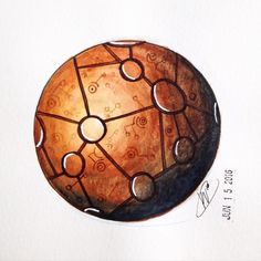 a drawing of a round object with circles and dots on it's surface, in brown tones