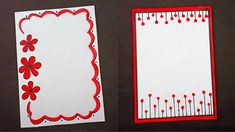 two cards with red and white designs on them, one has a blank notepad attached to it