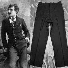 "EDWARDIAN 1910-1920s MENS TUXEDO TROUSERS. A HANDSOME WOOL PANT, IN A JET BLACK COLOR,  WITH CLASSIC TUXEDO SIDE STRIPING. FEATURES A FLAT FRONT, AND 4 POCKETS (two front slide in, two back slide with one button up). TRADITIONAL BUTTON FLY. INNER COTTON WAISTBAND AND POCKET LININGS. (SEE BELOW FOR CONDITION COMMENTS).  *NOTE: I do have the many other vests and coat tails for sale in my shop if you're interested!  SIZE/MEASUREMENTS: PANTS: 34\" WAIST  (these were taken in along the upper back seam-enough fabric to release that would allow for a 36 inch waist)  43-44\" SEAT / HIPS  14\" RISE 29.5\" INSEAM/LENGTH (measurement down to the pressed fold line-then another 3.25\" below that, to the raw edge) Button fly (plus suspender buttons)  CONDITION: FRESHLY DRY CLEANED. PRE OWNED ANTIQUE CO Black Fitted Retro Bottoms, Retro Fitted Black Bottoms, Vintage Tailored Bottoms With Pockets, Tailored Vintage Bottoms With Pockets, Classic Fitted Breeches With Pockets, Vintage Full-length Black Bottoms, Vintage Black Full-length Bottoms, Vintage Black Pants For Work, Fitted Tapered Leg Breeches With Belt Loops