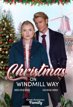 a movie poster for christmas on windmill way with a man and woman standing next to each other