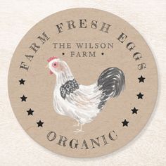 a round sticker with the words farm fresh eggs, and a chicken on it