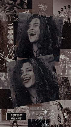 black and white collage with images of smiling women in various poses, from the top to the bottom