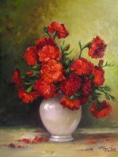 a painting of red flowers in a white vase