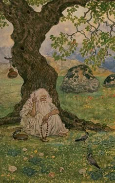 an old man sitting under a tree in the grass with birds around him and another bird on the ground