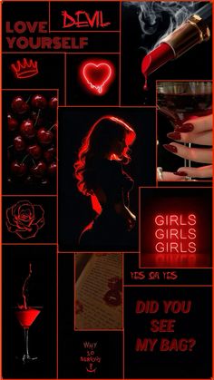 a collage of photos with red neon lights and text that reads, love devil yourself