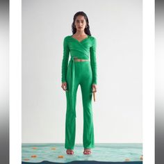 Never Worn, Excellent Quality, New Season Fitted Elastane Pantsuit For Party, Fitted V-neck Evening Sets, Fitted Green Pantsuit For Party, Fitted Green Sets For Night Out, Fitted Green Set For Night Out, Glamorous Green Evening Pants, Green Fitted Pantsuit For Night Out, Fitted Green Pantsuit For Night Out, Glamorous Fitted Green Pants