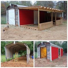 three pictures of different types of garages in the same area, one with a dog