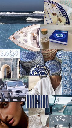 a collage of photos with blue and white items in the foreground, including a boat, beach towel, tablecloths, plates, watermelon