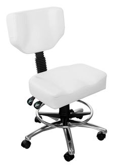 a white office chair with wheels on the back and footrests up to it's seat