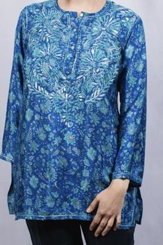 (1) Women's Embroidered Silk Tunic Top in Turquoise Blue – Girl Intuitive Traditional Blue Kurta With Floral Print, Traditional Silk Tunic For Spring, Blue Silk Kurta For Summer, Blue Straight Kurta Tunic For Spring, Embroidered Silk Tunic With Long Sleeves, Silk Top With Chikankari Embroidery For Spring, Silk Embroidered Long Sleeve Tunic, Embroidered Silk Long Sleeve Tunic, Long Sleeve Silk Embroidered Tunic