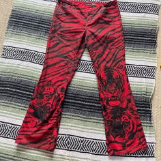 Amazing Vintage Bell Bottom Flare Pants Tiger Stripes And Faces All Over Print Listing Based On Waist Measurements But They Are Marked As Size 13 Juniors Tiger Stripe Pants, Red Fitted Y2k Bottoms, Red Fitted Edgy Pants, Edgy Red Fitted Pants, Edgy Red Straight Leg Bottoms, Edgy Red Stretch Pants, Tiger Print Pants, Red Tiger, Tiger Face