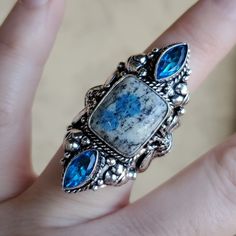 Azurite Ring, Multi Gem Ring, Cz Wedding Ring Sets, Paw Print Ring, Rose Gold Ring Set, Steampunk Rings, Sparkly Ring, Raw Stone Ring, Vintage Silver Rings