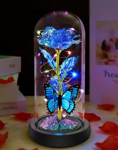 a blue rose under a glass dome with lights on it's sides and red petals around the base