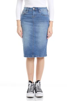 Classic Vintage Blue Stretchy Jean Pencil Skirt 'Melrose' - Premium skirt from Esteez - Just $49! Shop now at Esteez Knee Length Jean Skirt, Knee Length Jean Skirts, Plus Size Pencil Skirt, Jean Pencil Skirt, Modest Skirt, Jean Fabric, Cotton Pencil Skirt, Long Sleeve Cotton Tops, Cotton Tunic Tops