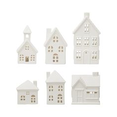 six small white houses with windows on each one