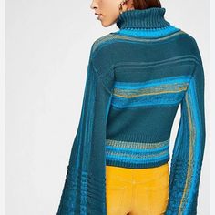 Free People Cropped Sweater. Size Medium. Nwt. Features Bell Sleeves. Fabric Is Very Soft. Send An Offer! Blue Fitted Sweater For Fall, Fitted Blue Sweater For Fall, Close To Me, Striped Pullover, Free People Jacket, Poncho Style, Knit Turtleneck Sweater, Queenstown, Knitted Poncho