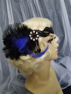 "ROYAL BLUE AND BLACK BEADED GATSBY FEATHER HEADBAND   STYLE - \"ASHLEY BLUE\"  THE HEADPIECE AND HEADBAND - This beautiful royal blue and black feather headband has a vintage, Gatsby feeling. It is made with royal blue peacock and black ostrich feathers and it features a stunning embellishment of crystal rhinestones and hanging black beads.   The embellishment and feather portion is approximately 6\" long and 6\" tall.  The headband is beaded in front and elastic in the back." Flapper Headpiece, 20s Flapper, Black Peacock, Flapper Headband, Beautiful Hair Accessories, Blue Peacock, Roaring 20's, Gatsby Style, Royal Blue Dress