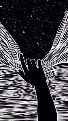 a person reaching up into the sky with their hand in front of some waves and stars