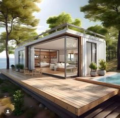 an artist's rendering of a house on a deck next to a swimming pool