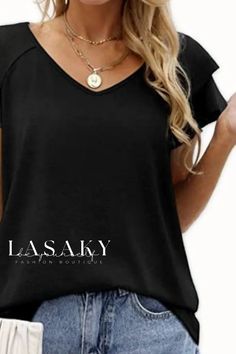 Lasaky - Refined V-Neck T-Shirt with Double Layered Flounce Sleeves Flounce Sleeve, Blue Outfit, Types Of Collars, Fashion Boutique, Double Layer, Green And Grey, V Neck T Shirt, Types Of Sleeves, Cotton Blend