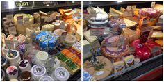 two pictures of different types of cheeses in a display case at a grocery store