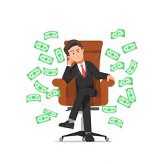 a man sitting in an office chair surrounded by money