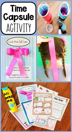 A child's height is being measured by ribbon and various All About Me sheets for kids to fill out. Kindergarten Time Capsule Ideas, Kindergarten Time Capsule, Time Capsule For Kids, Fun Aunt, Beginning Of Kindergarten