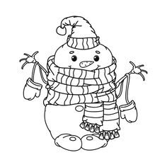 a black and white drawing of a snowman wearing a hat, scarf and mittens